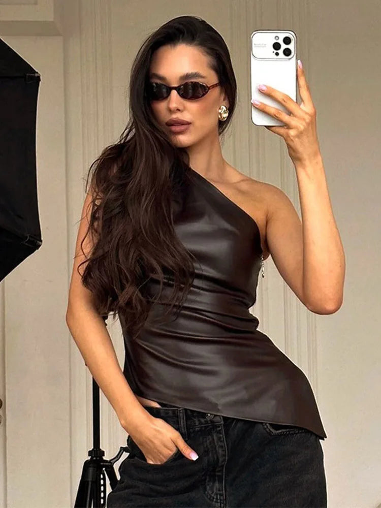 Women One Shoulder Slim Fit Sleeveless Zipper Jacket Solid Color Fall Winter Top