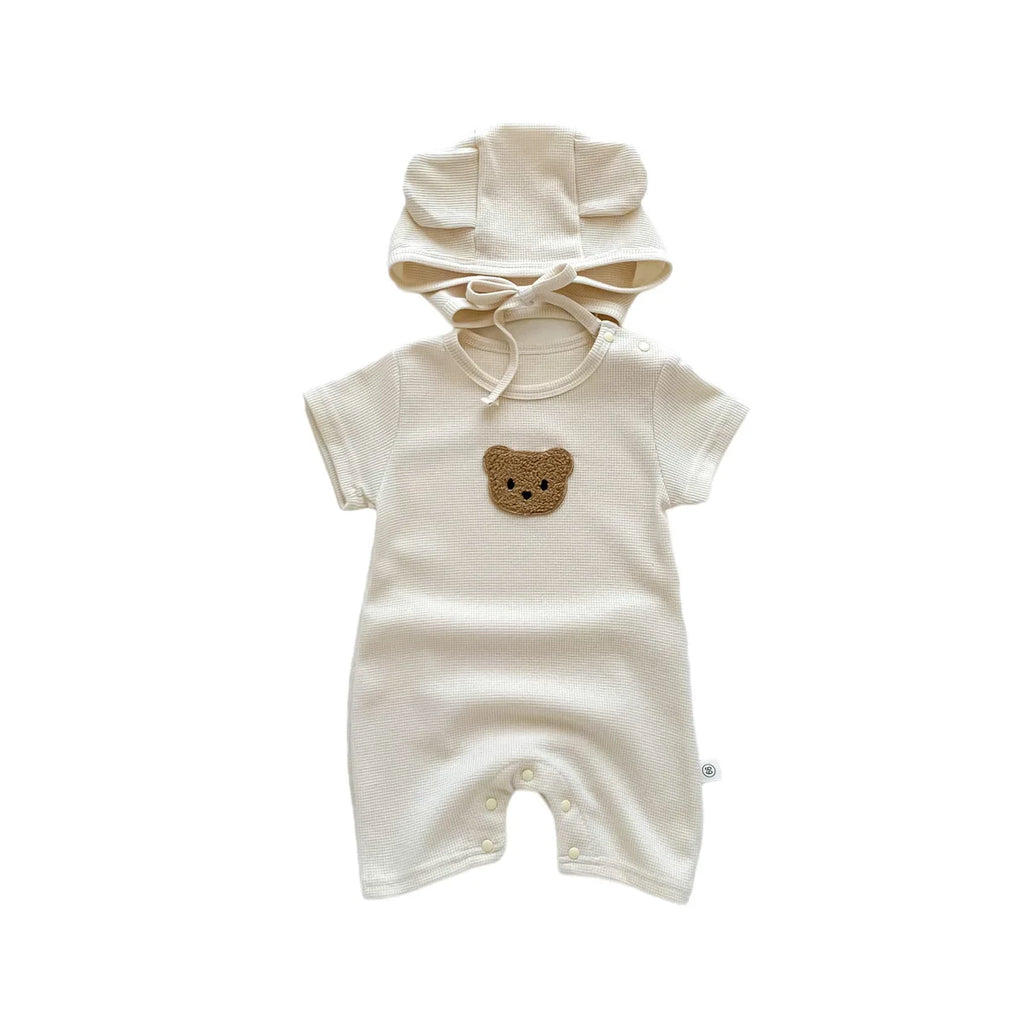 Baby Waffle Cotton Romper Short Sleeve Bear Jumpsuit with Hat