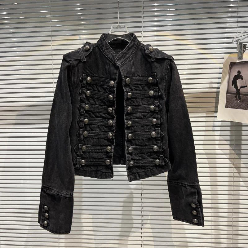 Vintage Washed Punk Denim Jacket for Women Stand Collar Coat