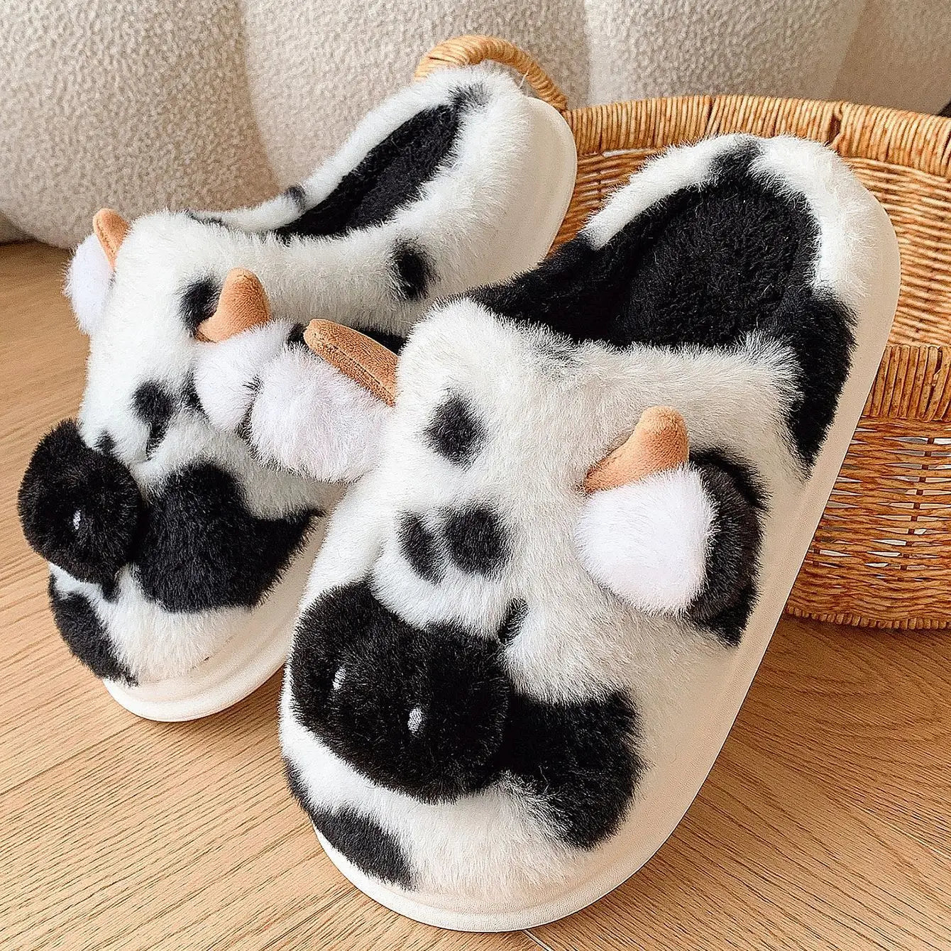 Cow Milk Fuzzy Slippers Women Winter Plush Soft Cozy Cartoon House Bedroom Shoes