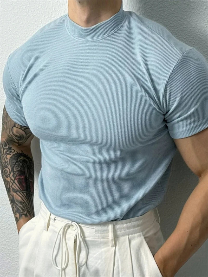 Men High Collar Stripe T Shirt Short Sleeve Summer Fitness Sport Casual Top