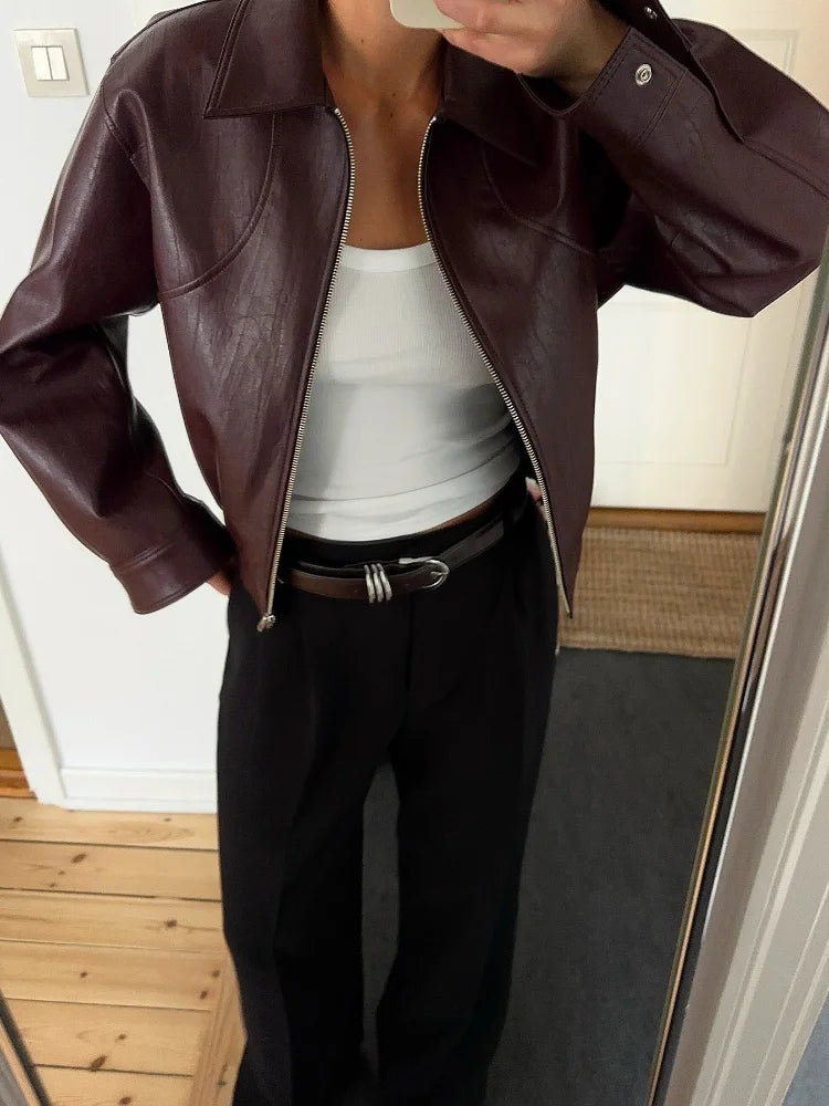 Women Wine Red Faux Leather Short Jacket Lapel Zipper Long Sleeve Retro Autumn Coat