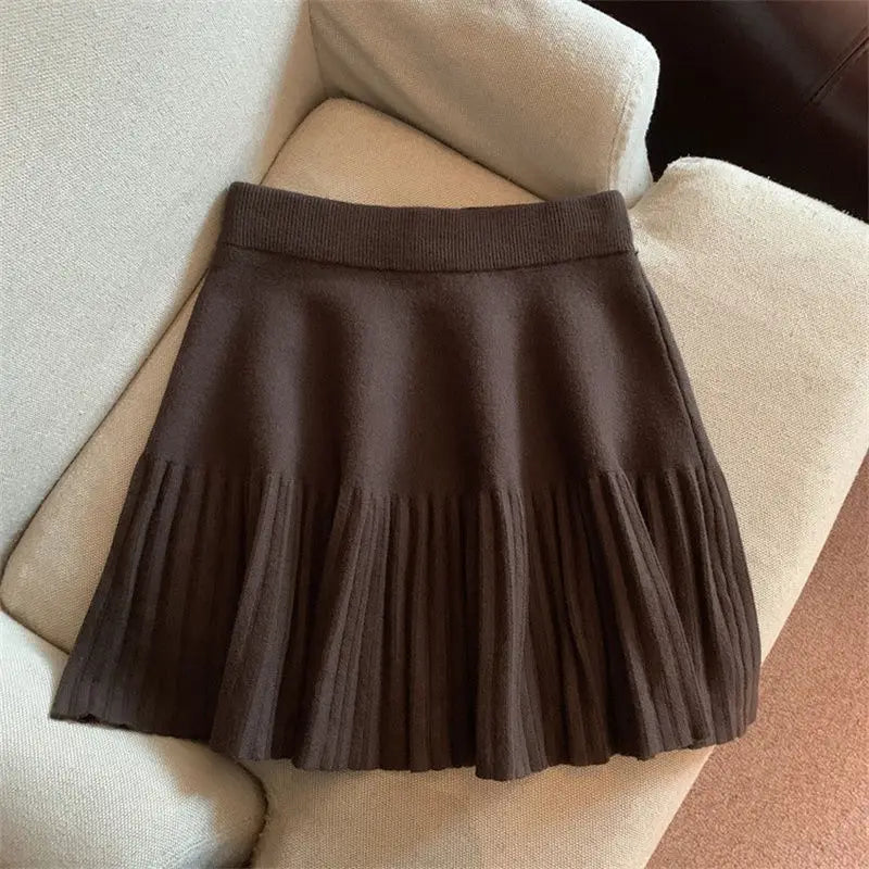 Women Pleated Mini Skirt Elastic Waist Knit Korean Style Casual Skirt