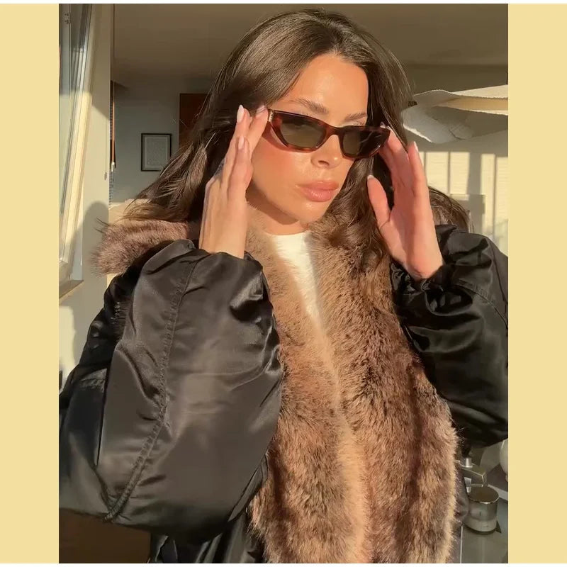 Women Faux Fur Patchwork Cropped Jacket Loose Fit Winter Warm Coat Streetwear