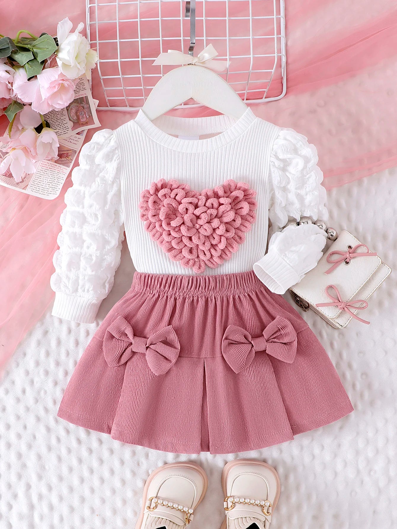 Baby Girl Pink Skirt Set Cute Bubble Sleeve Outfit 2PCS