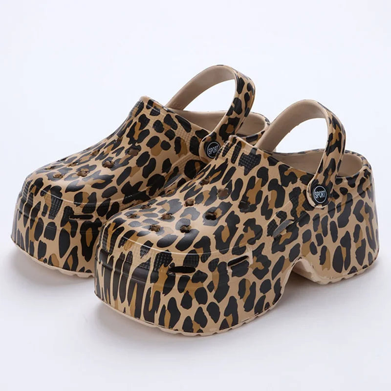 Women’s Leopard Platform Clogs Closed Toe Thick Sole Wedge Sandals