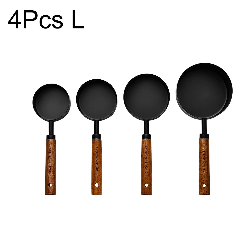 Stainless Steel Measuring Cups Spoons Set Wooden Handle Baking Coffee Tools