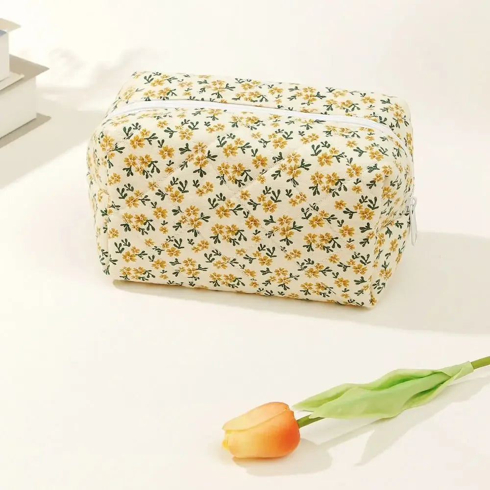 Floral Quilted Zipper Makeup Bag Cosmetic Storage Travel Organizer Pouch