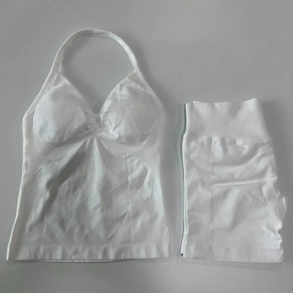 Yoga Set Women Seamless Tank Top High Waist Scrunch Shorts Gym Workout Set