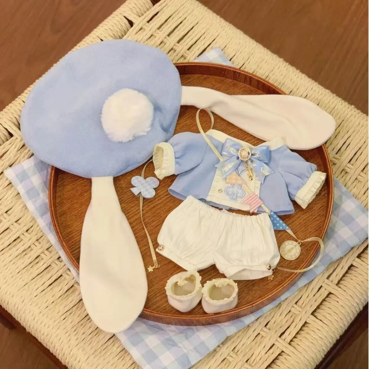 20cm Cotton Doll Clothes Blue School Outfit with Bunny Ear Hat