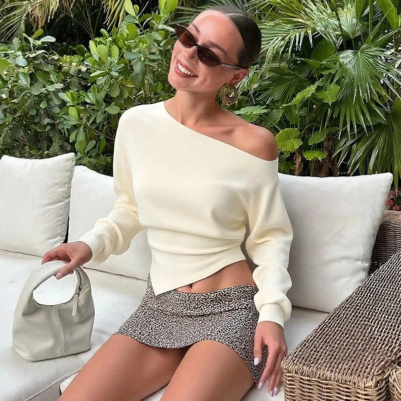 Women Slim Fit Long Sleeve Slit Top Strapless Pleated Party Streetwear