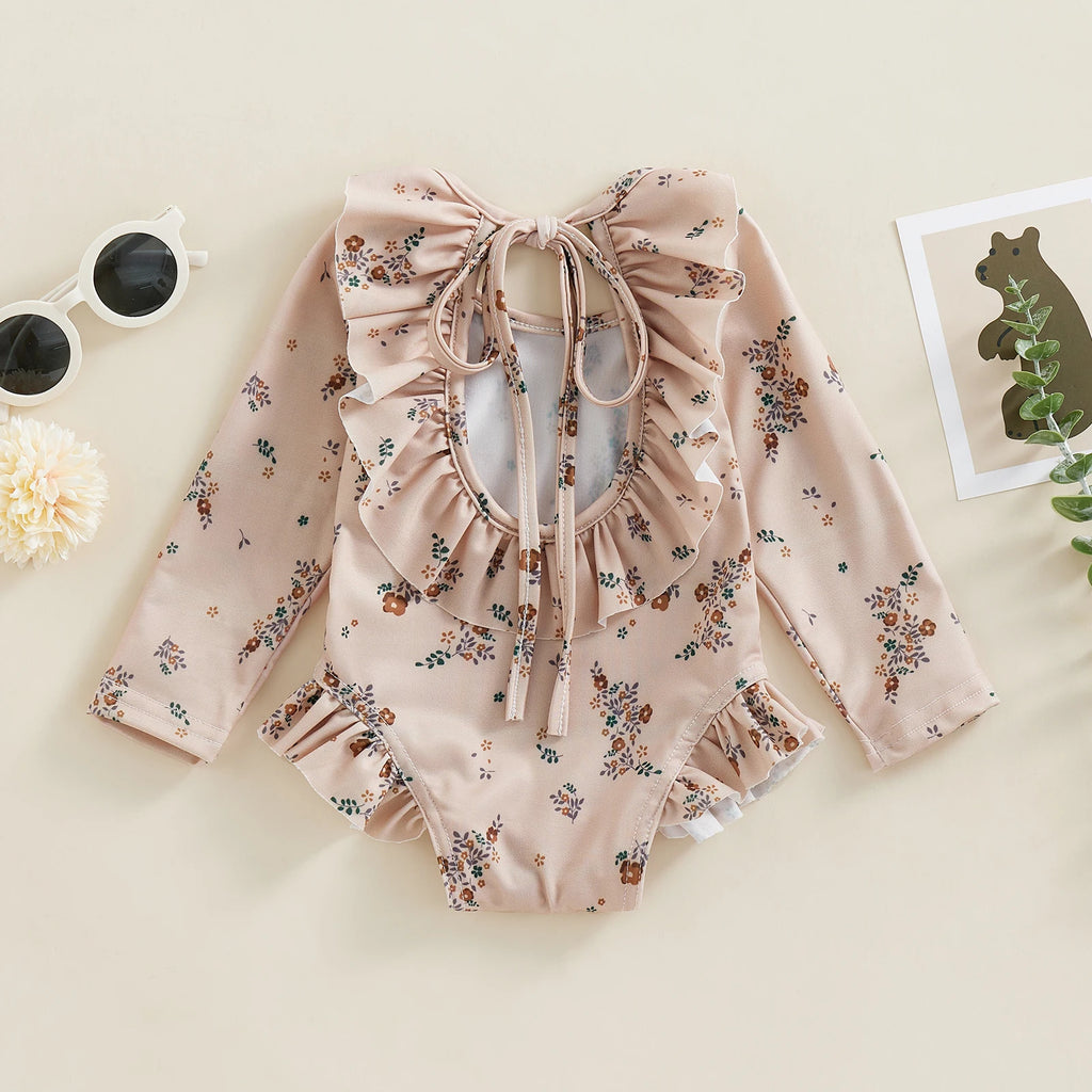 Baby Girls Floral Ruffle Long Sleeve Swimsuit 0 to 4 Years