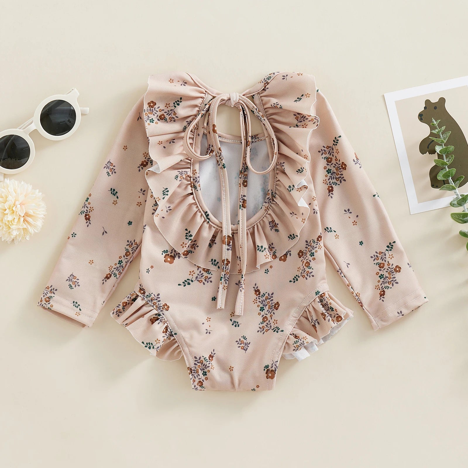 Baby Girls Floral Ruffle Long Sleeve Swimsuit 0 to 4 Years