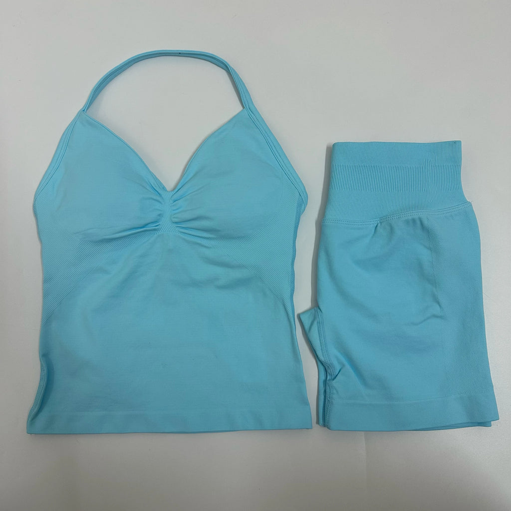 Seamless Yoga Set Women Strappy Tank Top Scrunch Shorts Gym Workout Outfit