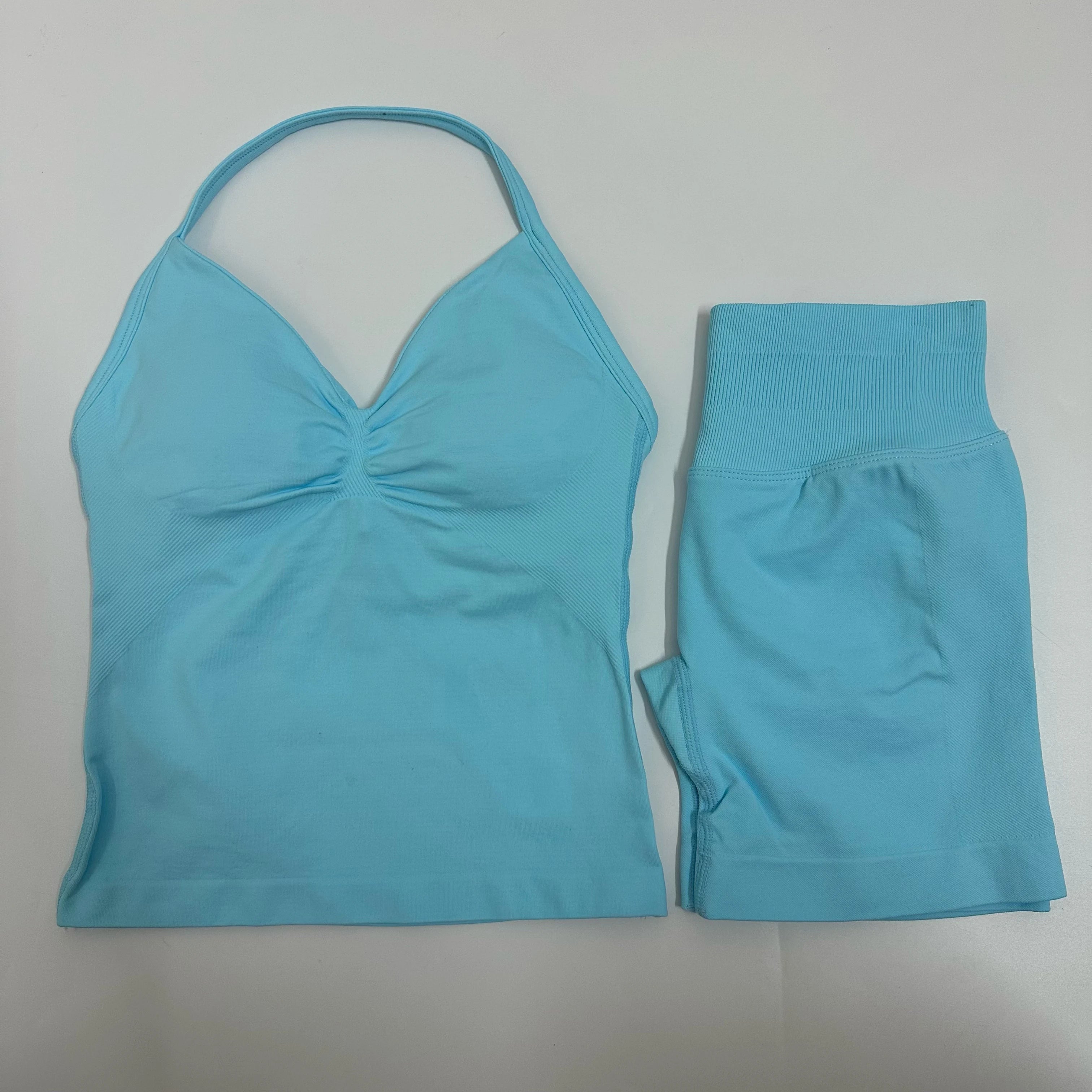 Seamless Yoga Set Women Strappy Tank Top Scrunch Shorts Gym Workout Outfit