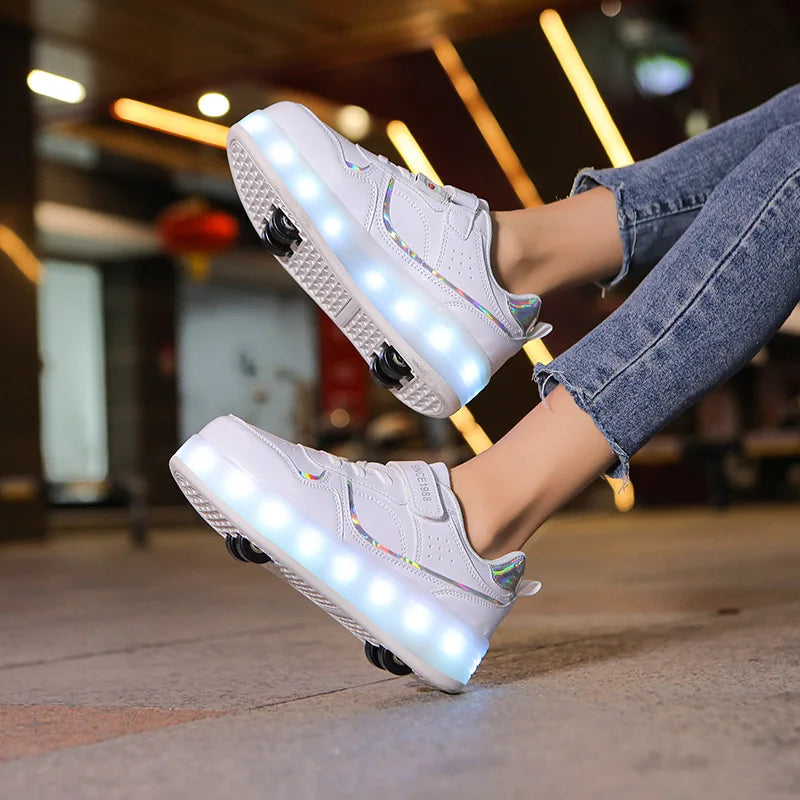 Kids LED Roller Skate Shoes Flashing 4 Wheel Light Up Sneakers