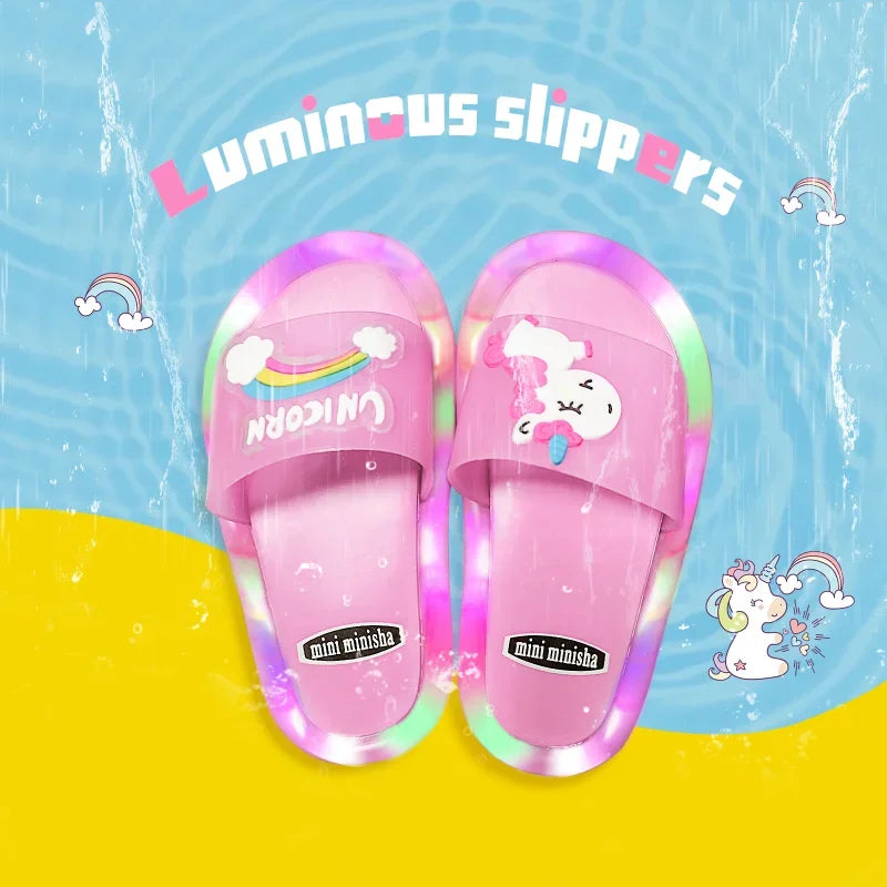 Kids LED Light Up Slippers Unicorn Cartoon Glowing Sandals Colorful Non Slip Children Slide Shoes