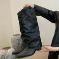 Women Cowgirl Boots Slip On Square Heel Long Pipe Retro Winter Boots
