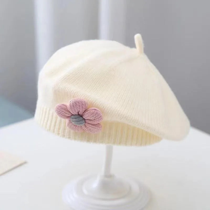 Baby Girl Flower Beret Warm Knit Beanie Hat