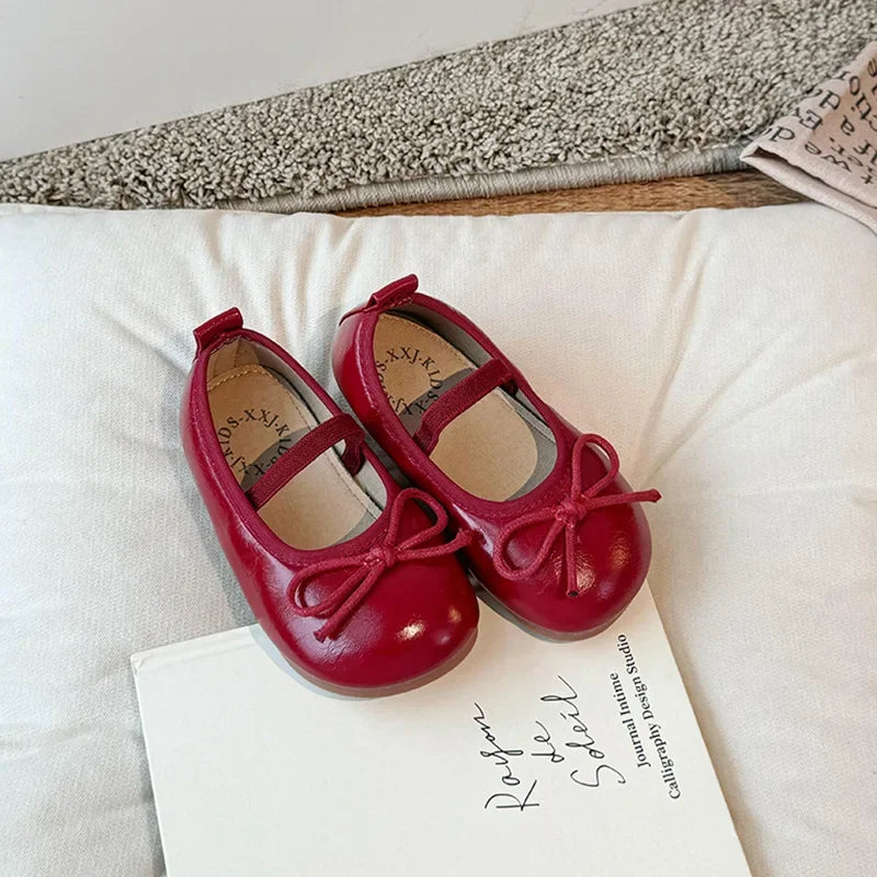 Girls Bow Leather Shoes Soft Sole Princess Flats for Kids