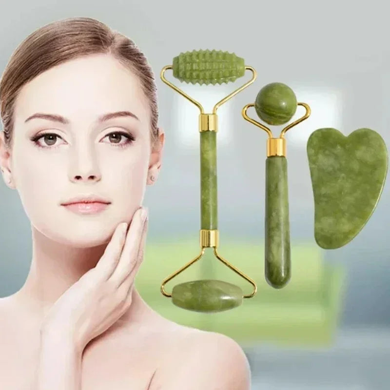 Natural Jade Roller Gua Sha Face Neck Massager Stone Spa Lifting Tool Set