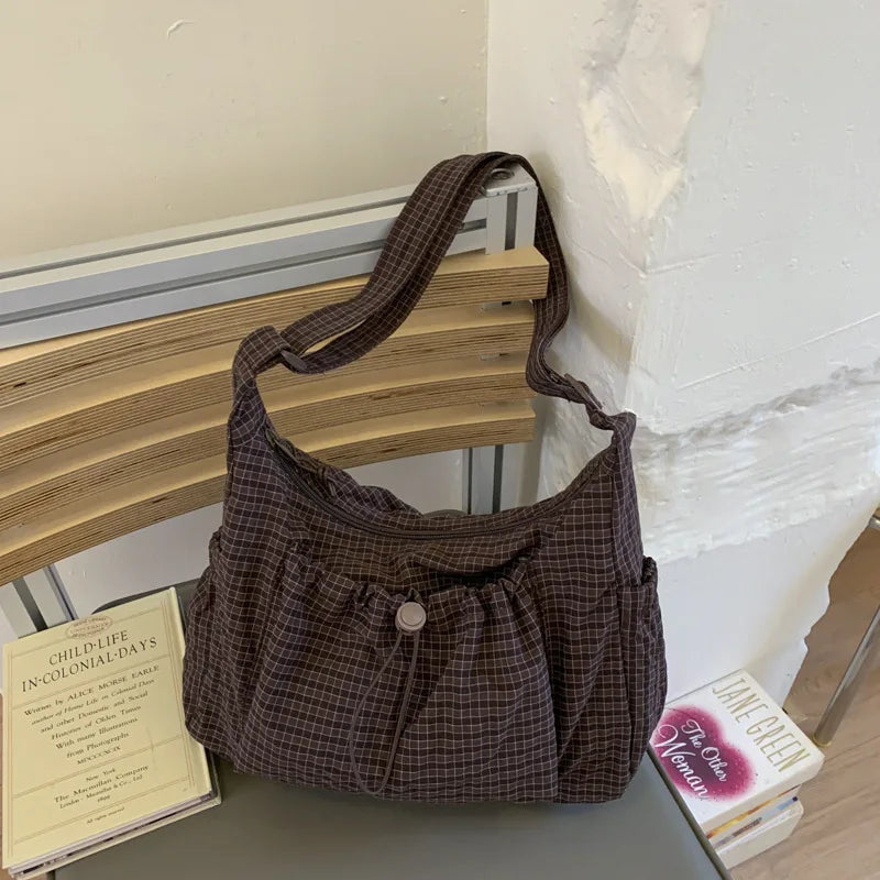 Nylon Shoulder Bag Plaid Tote Crossbody Drawstring Cloud Commuter Bag