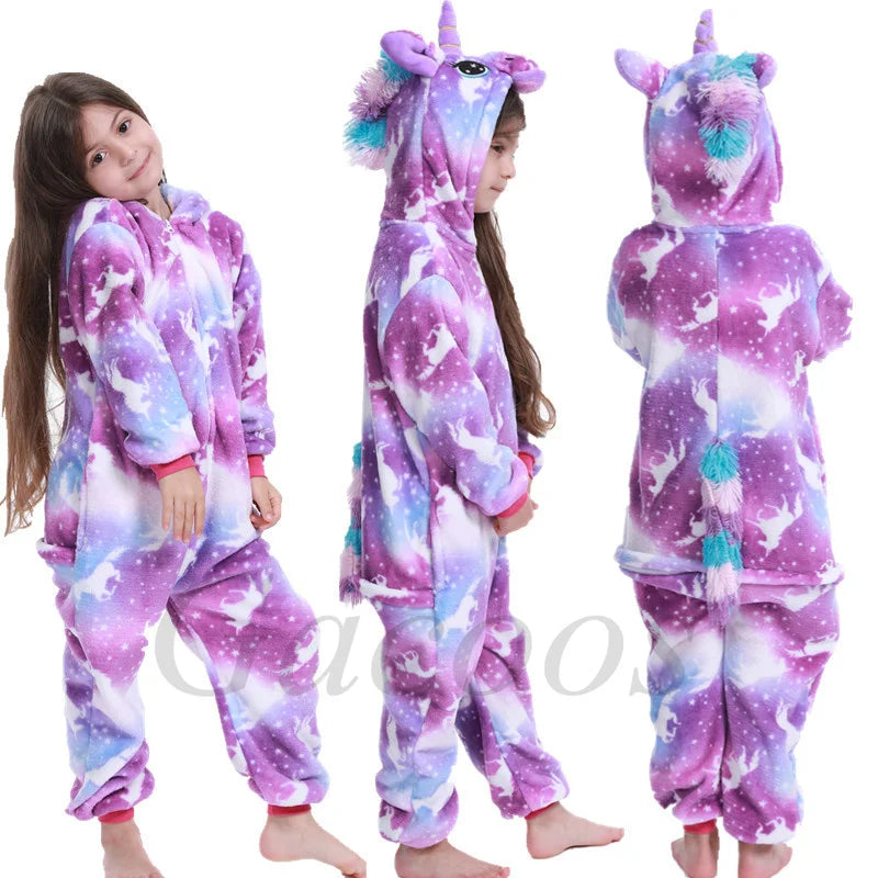 Kids Unicorn Animal Flannel Hooded Onesie Pajamas Warm Sleepwear Costume