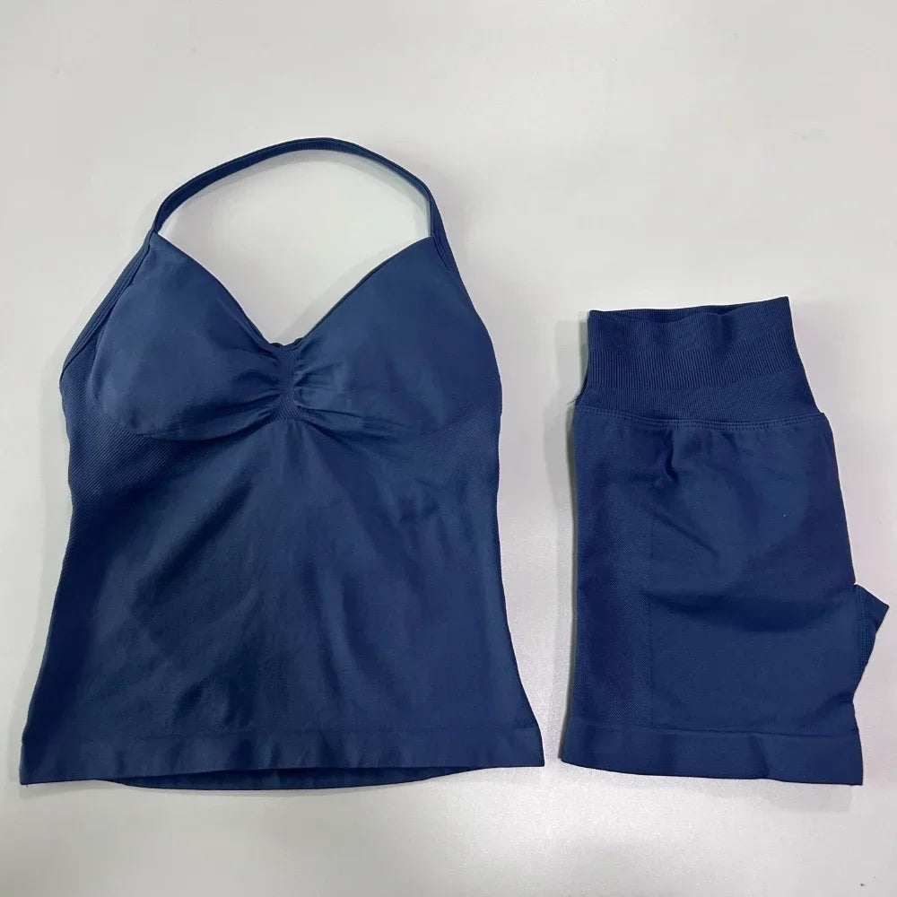 Yoga Set Women Seamless Tank Top High Waist Scrunch Shorts Gym Workout Set