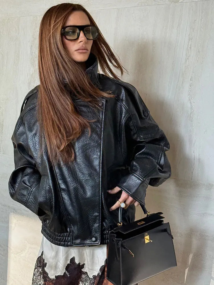 Women Faux Leather Zip Up Jacket Casual Long Sleeve PU Coat Streetwear