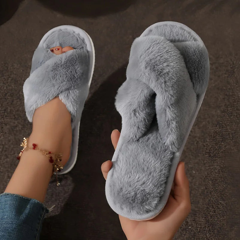 Women Faux Fur Cross Strap Slippers Warm Indoor Slides
