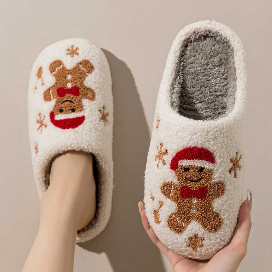 Christmas Plush Slippers Women Cozy Gingerbread Cute Winter Indoor Warm Soft Home Shoes