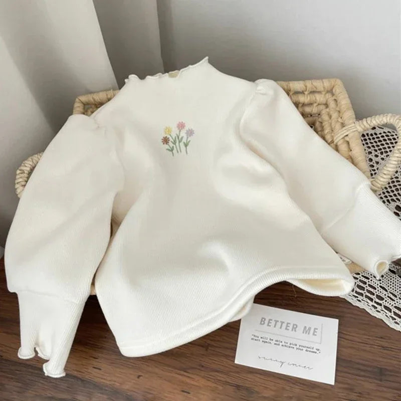 Baby Girls Winter Sweater Puff Sleeve Flower Embroidery Top 1–6 Years