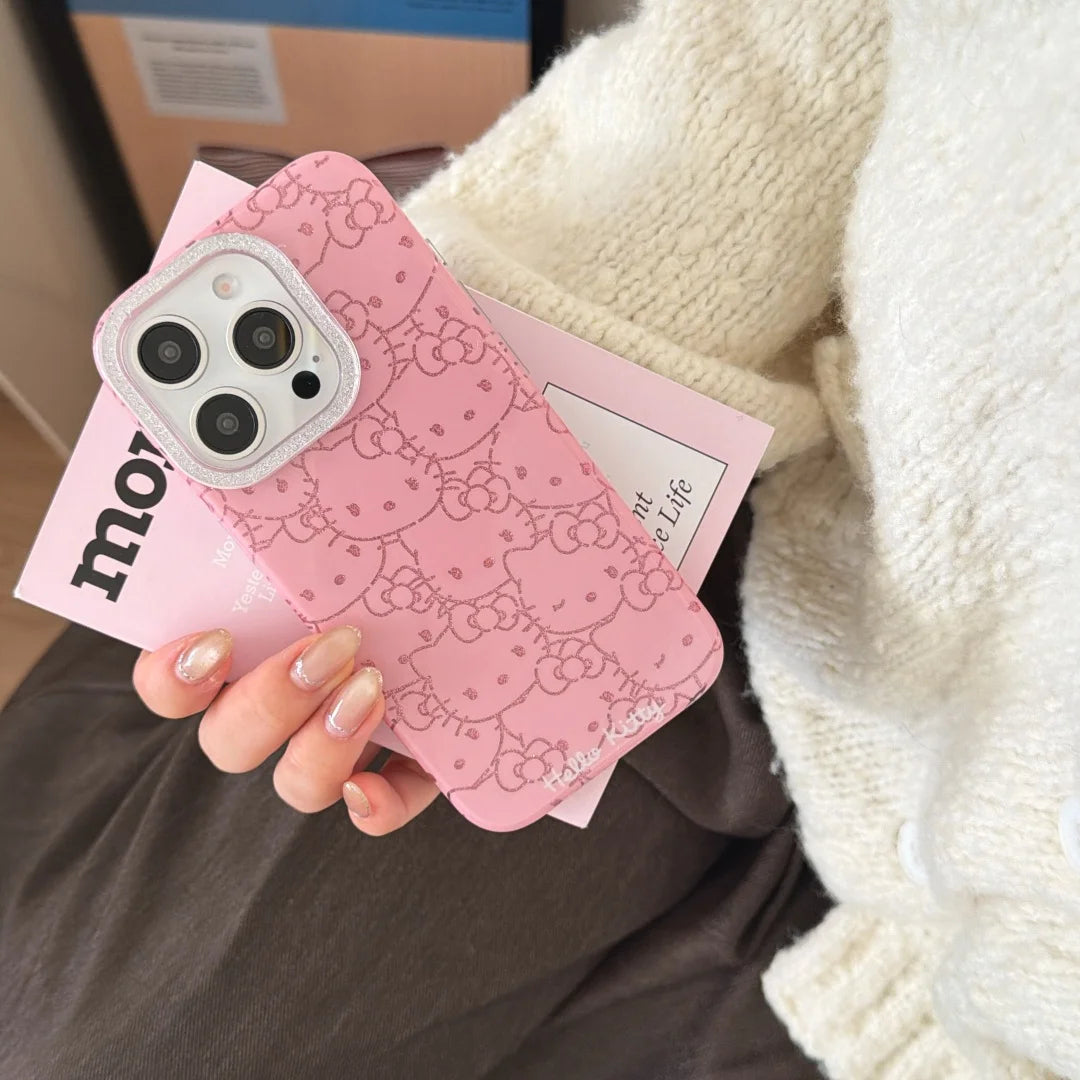 Full Screen Pink Lines Hello Kitty Glitter iPhone Case