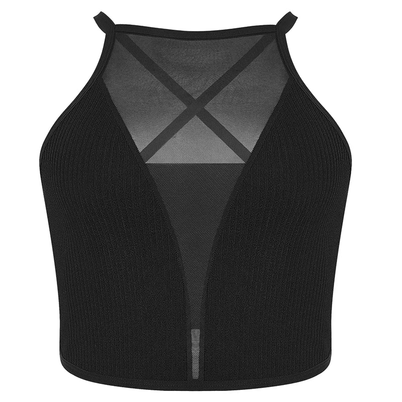 Women Sexy Mesh Crop Top Backless Halter Bralette Ribbed Camisole Summer Fashion Corset Style Tank Top