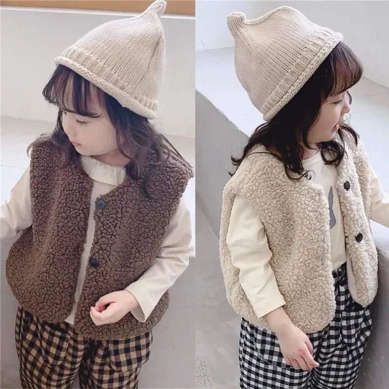 Baby Lamb Wool Plush Vest Warm V Neck Winter Coat for Kids