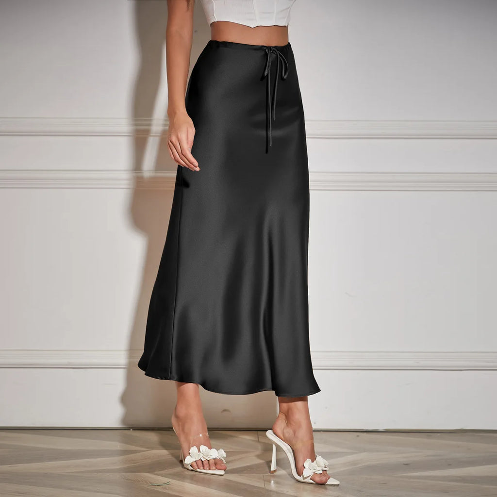 Women Satin High Waist Lace Up Maxi Skirt Elegant Solid Color Long Skirt