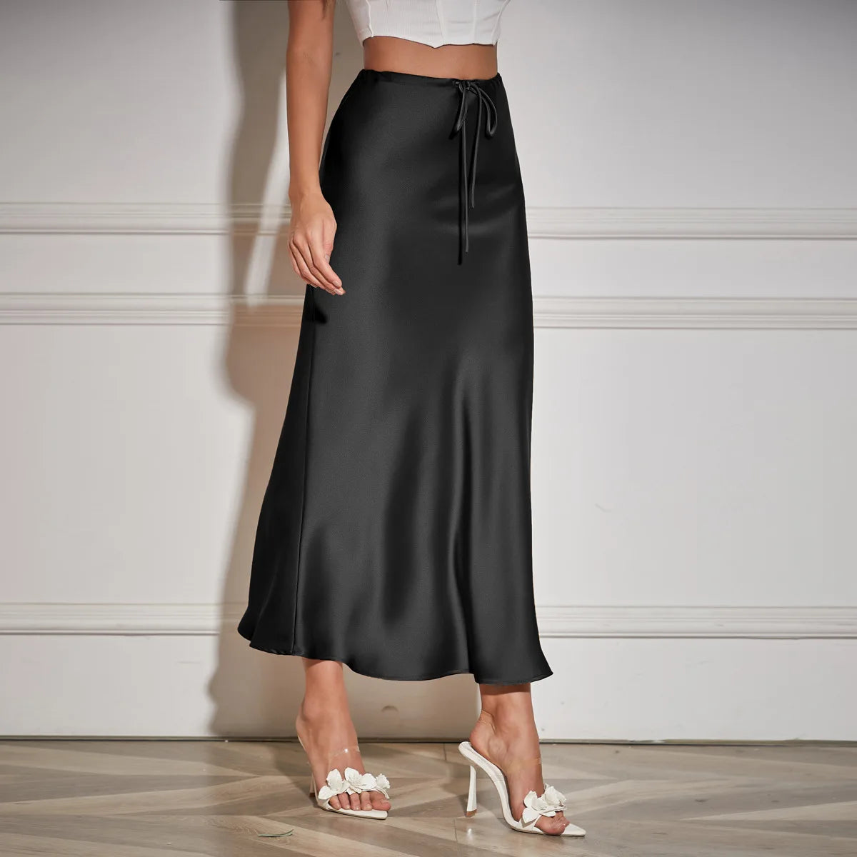 Women Satin High Waist Lace Up Maxi Skirt Elegant Solid Color Long Skirt