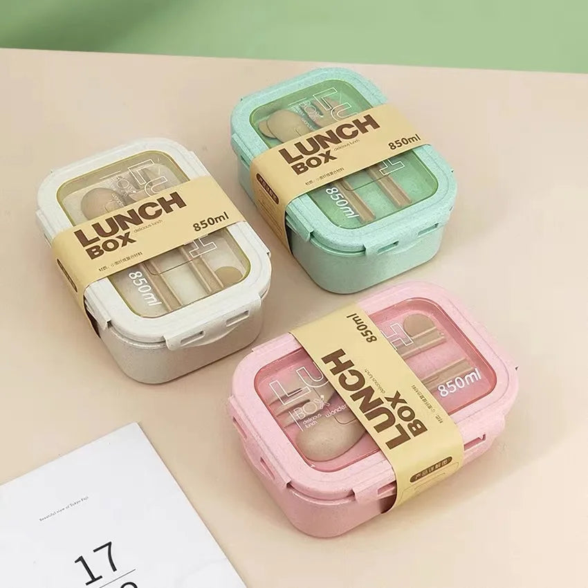 1100ml Lunch Box Bento Box with Spoon & Chopsticks Microwave Safe Wheat Straw Food Container for Kids Adults School Office