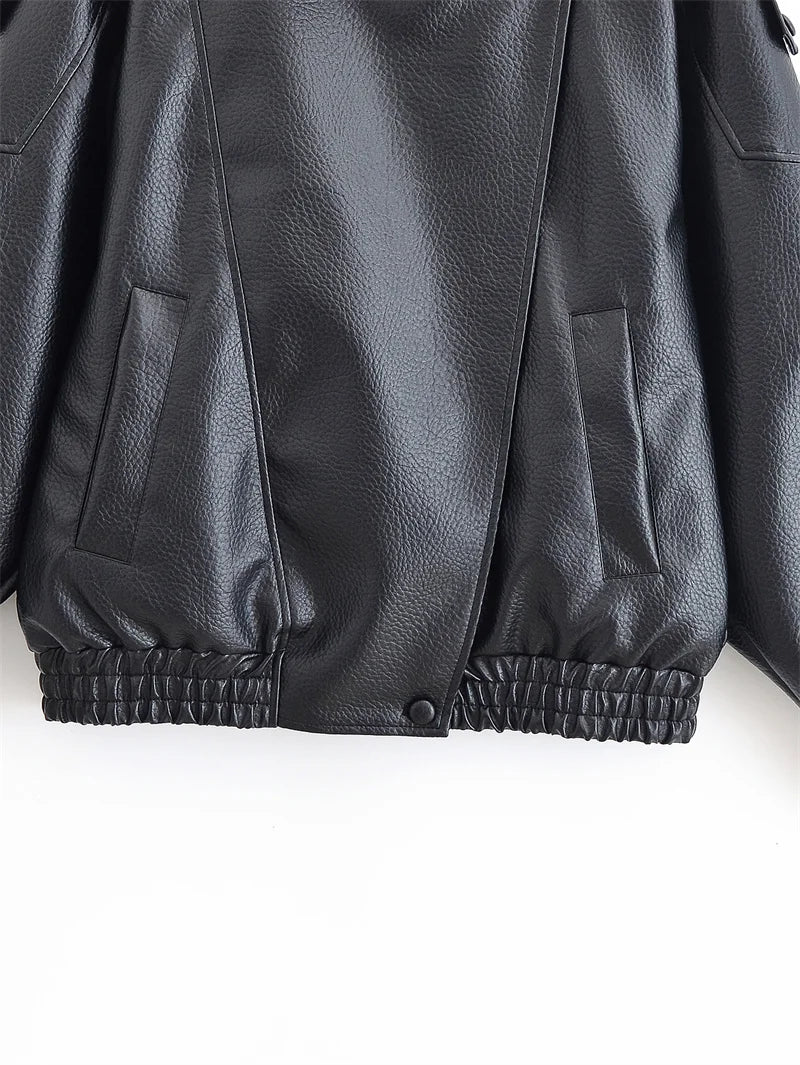 Women Black Faux Leather Jacket Long Sleeve Motorcycle Style Fall Fashion Coat