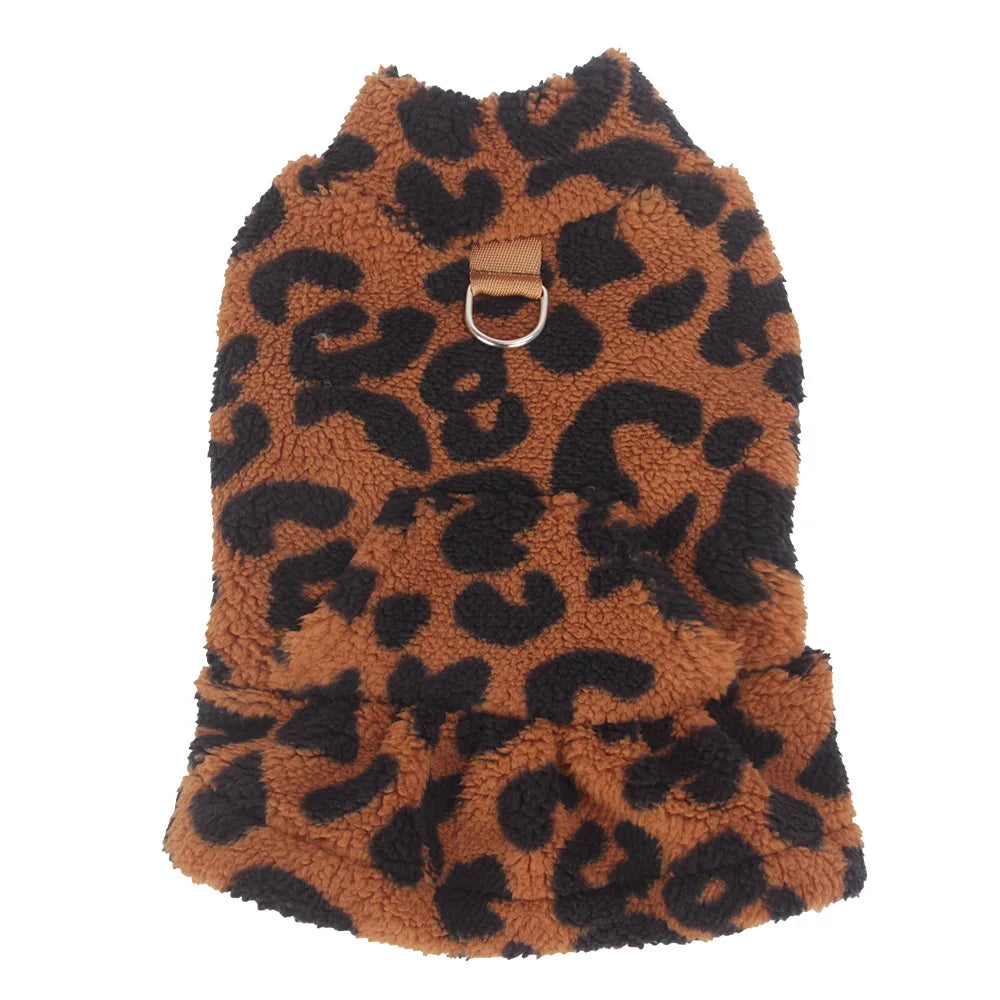 Small Dog Leopard Fleece Dress Hoodie Winter Pet Pullover Vest