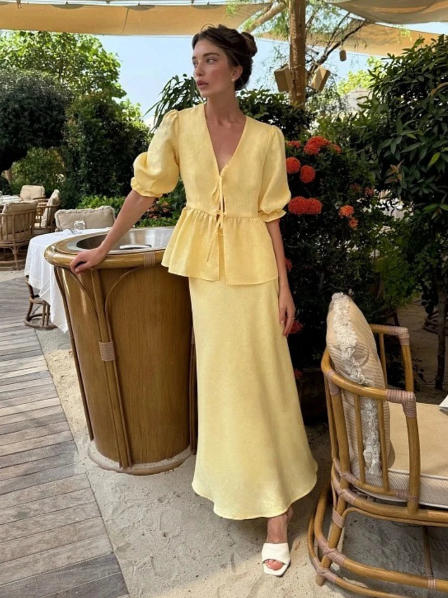 Women Cotton V Neck Lace Up 2 Piece Skirt Set Bubble Sleeve Outfit