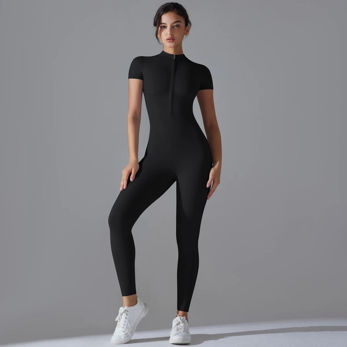 Full Body Gym Jumpsuit Women Short Sleeve Zip Seamless Bodysuit Fitness One Piece Outfit