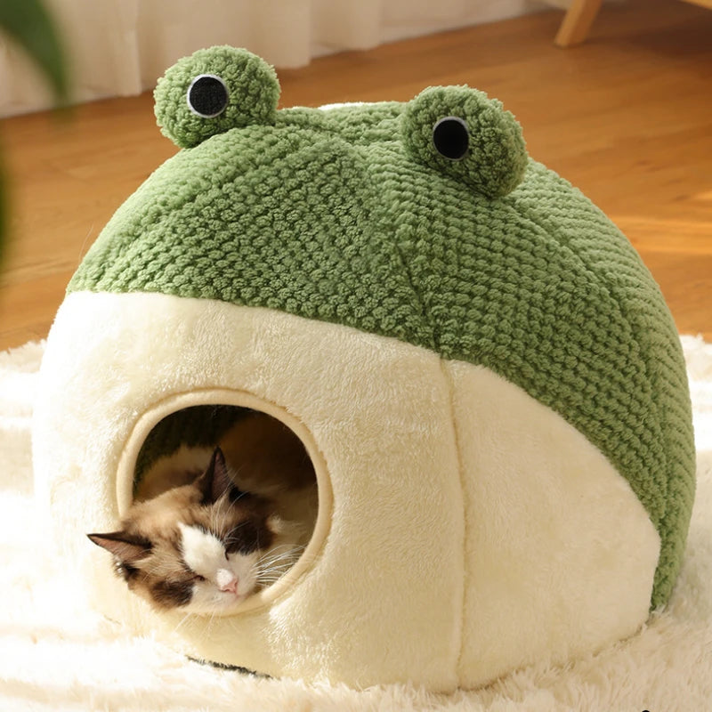 Winter Warm Pet Nest Frog Shape Cat Dog House Plush Semi Enclosed Bed