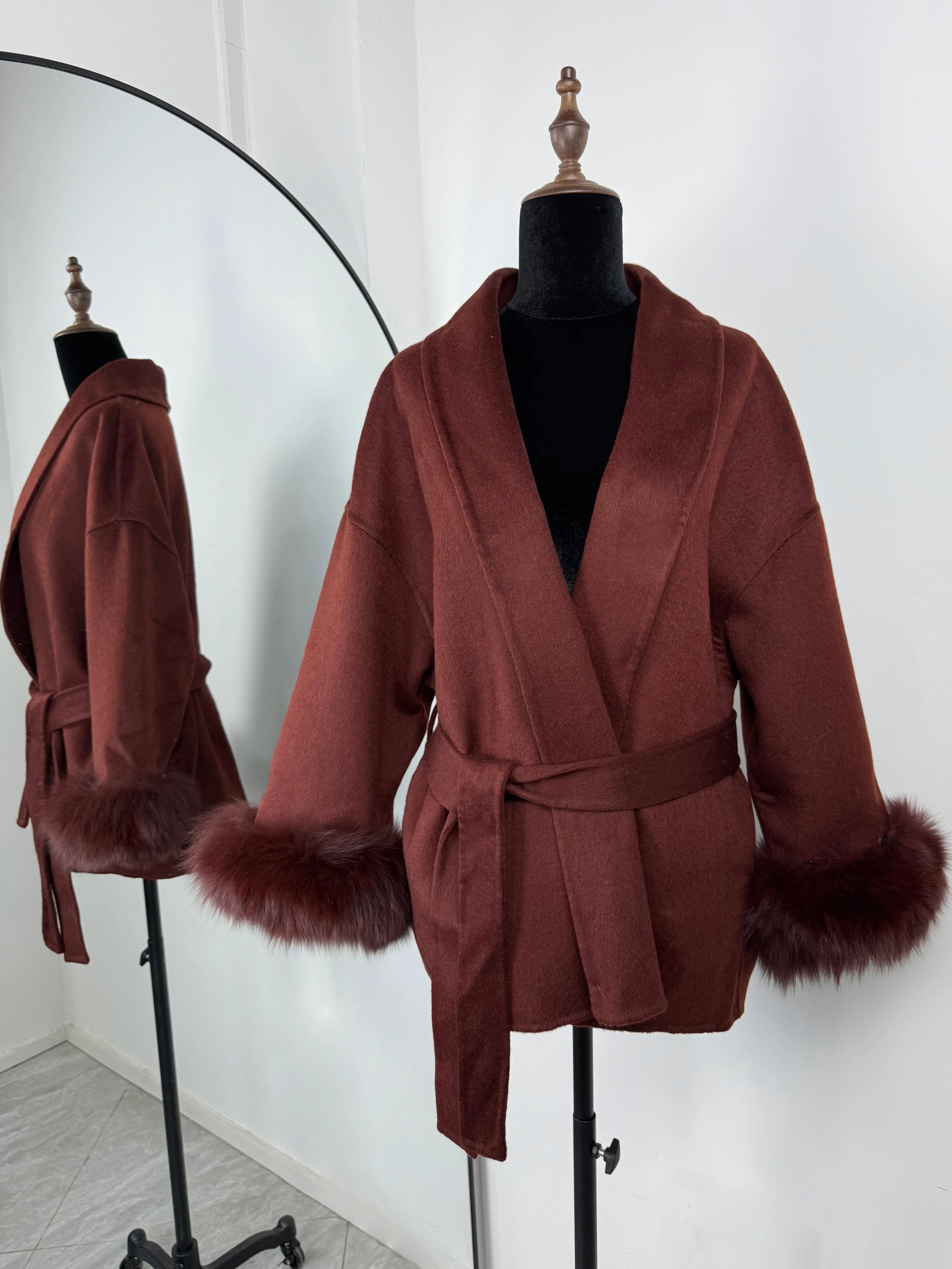 Women Wool Coat Faux Fur Collar Short Double Sided Elegant Jacket