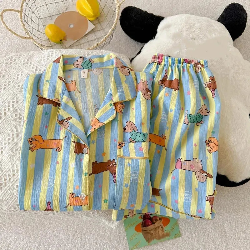 Women Kawaii Dog Print Pajama Set Y2K Lapel Neck Cute Homewear Summer