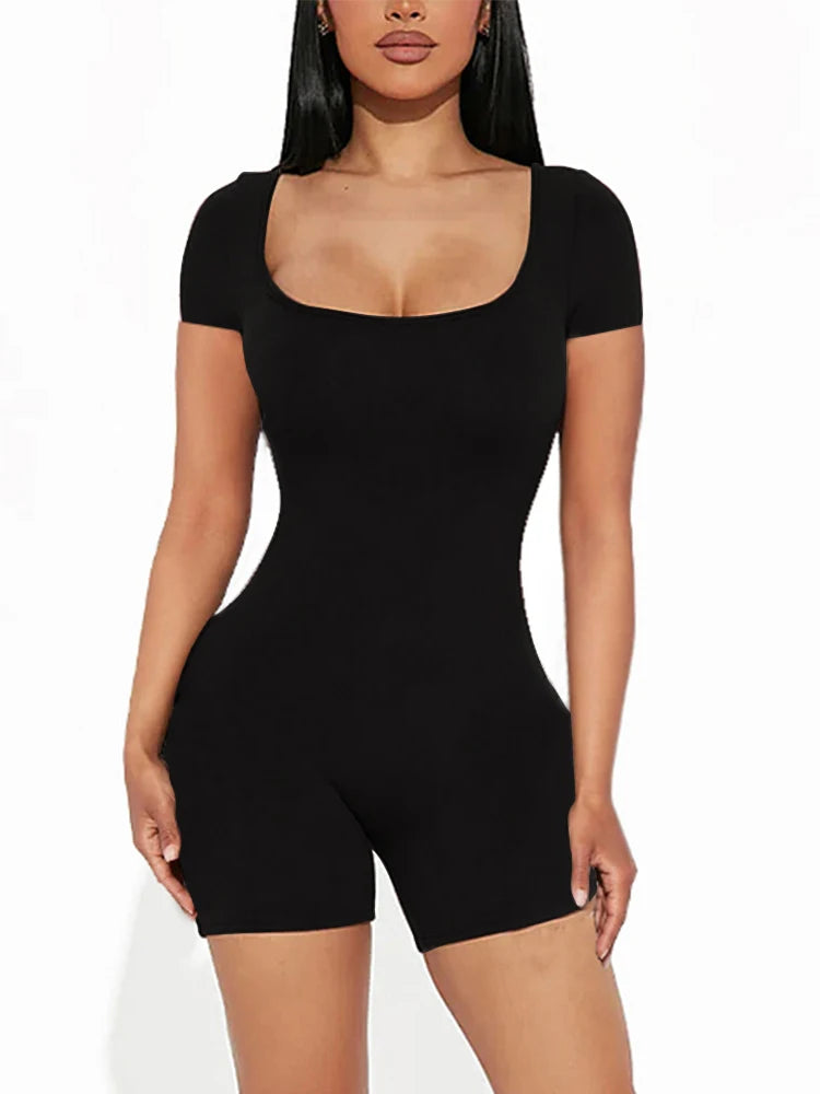 Women’s Solid U Neck Short Sleeve Romper Summer Yoga Fitness Jumpsuit