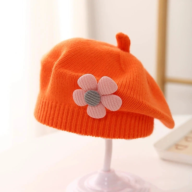 Baby Girl Flower Beret Warm Knit Beanie Hat