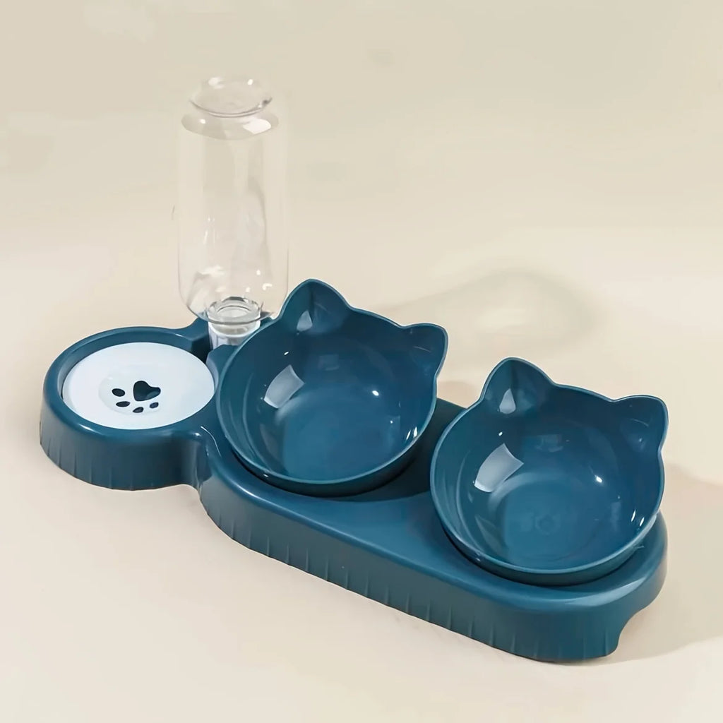 3 in 1 Tilted Cat Bowl Set with Gravity Water Feeder Neck Protection Design