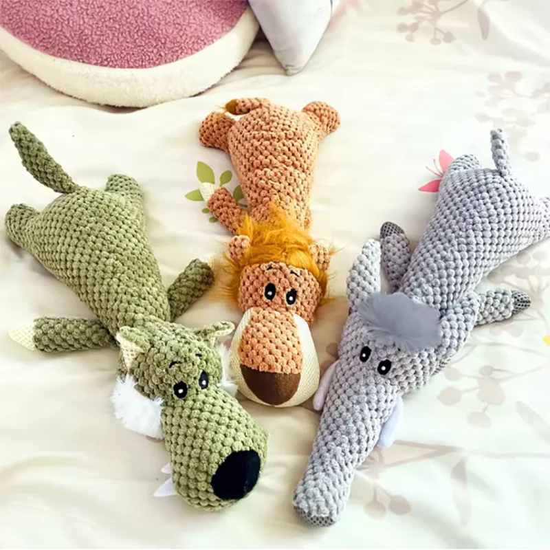 Bite Resistant Squeaky Plush Dog Toy Cartoon Lion Wolf Elephant Pet Toy