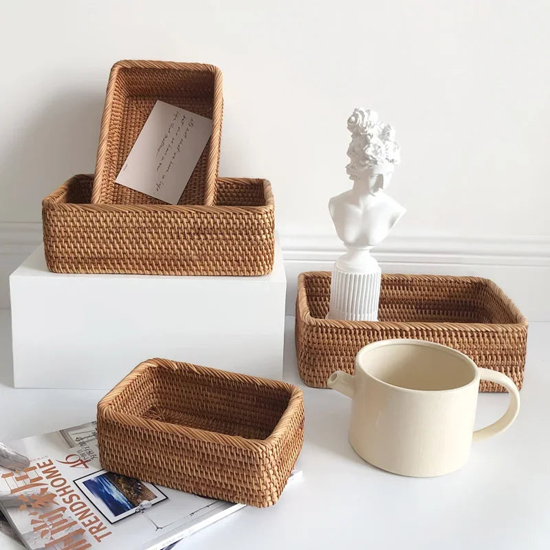 Hand Woven Rattan Basket Rectangular Storage Fruit Bread Snack Cosmetic Organizer
